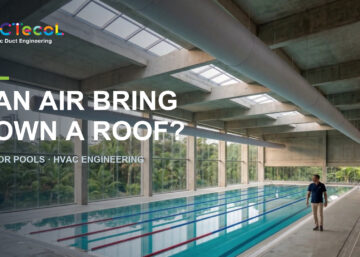 Fabric duct suspended from a steel cable above the water surface of an indoor swimming pool with concrete structure